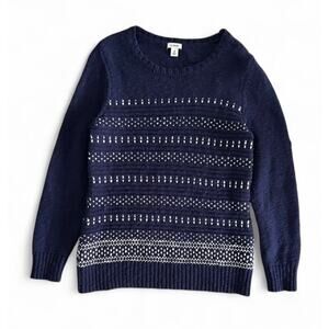 LL Bean Navy Blue White Patterned Knit Sweater Women’s Size M 100% Cotton